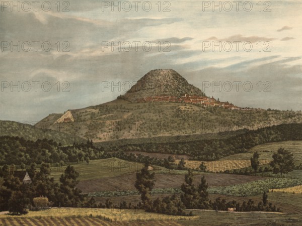 Hohenstaufen, a 684 m high Zeugenberg in front of the Swabian Jura near Göppingen, Baden-Württemberg, Germany, A steep mountain in a natural landscape with fields and trees, authentic reproduction of a school wall painting, historic, around 1900