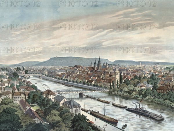 Heilbronn, city on the Neckar, Baden-Württemberg, Germany, large river flowing through a historic town with bridges and ships, surrounded by architecture, authentic reproduction of a school mural, historic, around 1900