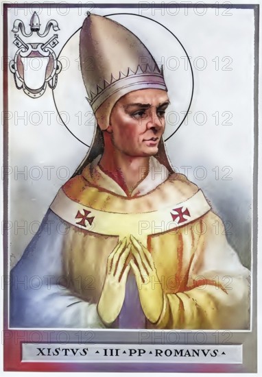 Sixtus III (Xystus) (born in the 4th or 5th century, died 18 or 19 August 440) was Bishop of Rome (31 July 432-440), Historical, authentic, digitally restored reproduction from a 19th century original, Record date not stated, subsequently coloured