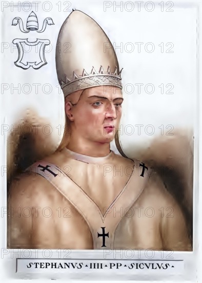 Stephen IV (V) (died 24 January 817 in Rome) succeeded Leo III as Pope from 22 June 816 to 24 January 817, Historical, authentic, digitally restored reproduction from a 19th century original, Record date not stated, subsequently coloured