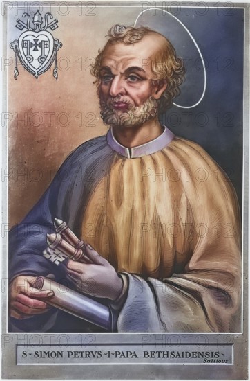 Simon Peter (born in Galilee, died around 64-67, possibly in Rome) was, according to the New Testament, one of the first Jews called by Jesus Christ to follow him, in the Catholic tradition he is regarded as the first Pope and Bishop of Rome, Historical, authentic, digitally restored reproduction from a 19th century original, Record date not stated, subsequently coloured