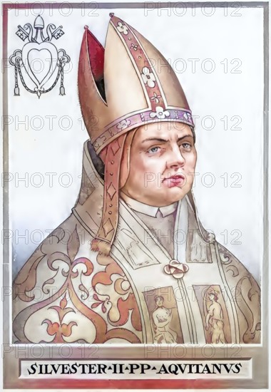 Silvester II (previously Gerbert of Aurillac, also Gerbert of Rheims, born around 950 in Aquitaine, died 12 May 1003 in Rome) was a mathematician, Abbot of Bobbio, Archbishop of Rheims and Ravenna and finally Pope from 2 April 999 until his death in 1003, Historical, authentic, digitally restored reproduction from a 19th century original, Record date not stated, subsequently coloured