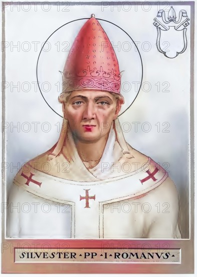 Silvester I (born in front of 284 in Rome, died 31 December 335 in Rome) was Bishop of Rome from 314 until his death and thus Pope from a Catholic perspective, Historical, authentic, digitally restored reproduction from a 19th century original, Record date not stated, subsequently coloured
