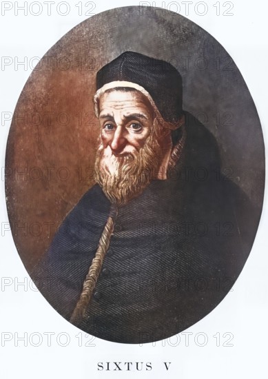 Sixtus V (born 13 December 1521 as Felice Peretti di Montalto in Grottammare, Marche, died 27 August 1590 in Rome) was Pope of the Roman Catholic Church from 1585 until his death. A strict moralist, he punished moral offences with the gallows, Historical, authentic, digitally restored reproduction from a 19th century original, Record date not stated, subsequently coloured