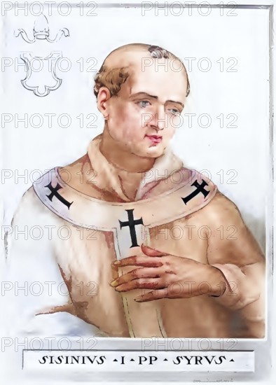 Sisinnius (born in Syria, died 4 February 708) was elected pope around 15 January 708 and remained so until his death, Historical, authentic, digitally restored reproduction from a 19th century original, Record date not stated, subsequently coloured