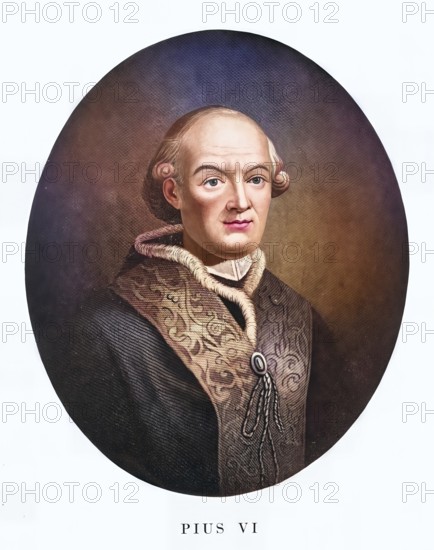 Pius VI (civil name Giovanni Angelo Count Braschi, born 25 December (1) 1717 in Cesena, Papal States, died 29 August 1799 in Valence) was the 250th Pope of the Roman Catholic Church from 1775 to 1799. He had previously been a priest from 1758 and a cardinal from 1773. At 24 years, his pontificate was one of the longest in church history, Historical, authentic, digitally restored reproduction from a 19th century original, Record date not stated, subsequently coloured