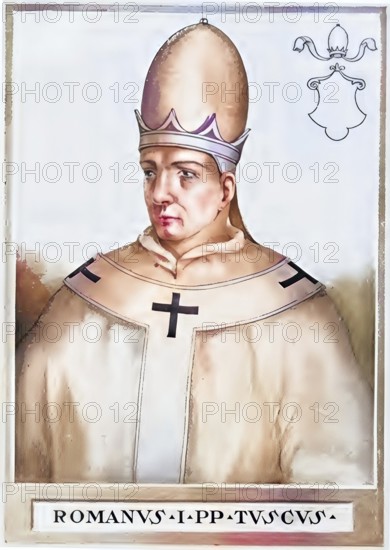 Romanus was pope in 897. The exact election day is unknown. The enthronement took place in August 897, the end of the pontificate is dated November 897, although it is not clear whether Romanus died — in this case he might have been poisoned — or was deposed, historical, authentic, digitally restored reproduction from a 19th-century original, record date not stated, subsequently colored