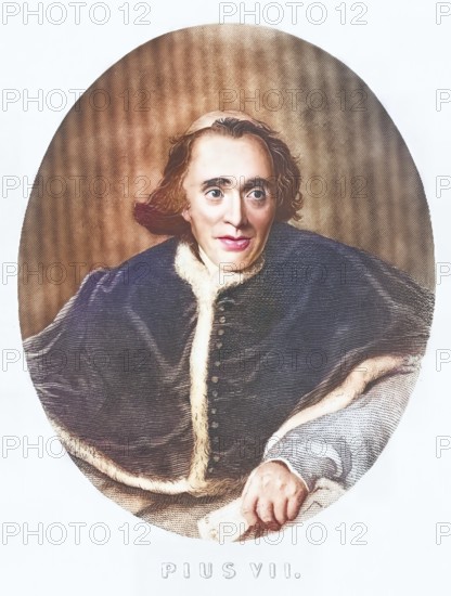 Pius VII (born 14 August 1742 (1) in Cesena, Papal States as Count Luigi Barnaba Niccolò Maria Chiaramonti, died 20 August 1823 in Rome) was the 251st Pope of the Roman Catholic Church from 1800 until his death, Historical, authentic, digitally restored reproduction from a 19th century original, Record date not stated, subsequently coloured