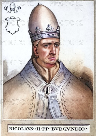 Nicholas II, originally Gerard of Burgundy (born between 990 and 995 presumably in Savoy, died 19, 20 or 27 July 1061 in Florence), was pope from 6 December 1058 until his death, Historical, authentic, digitally restored reproduction from a 19th century original, Record date not stated, subsequently coloured