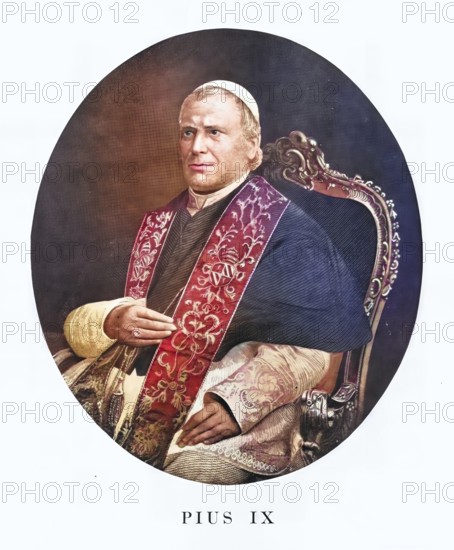 Pius IX (born 13 May 1792 in Senigallia (Papal States) as Giovanni Maria Mastai Ferretti, died 7 February 1878 in Rome, Kingdom of Italy) was the 255th Pope from 1846 to 1878, Historical, authentic, digitally restored reproduction from a 19th century original, Record date not stated, subsequently coloured