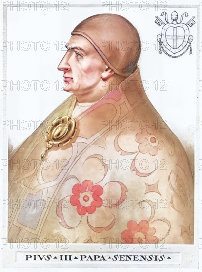 Pius III, originally Francesco Todeschini Piccolomini (born 29 May 1439 in Siena, died 18 October 1503 in Rome), was Pope of the Roman Catholic Church from 22 September 1503 to 18 October 1503, Historical, authentic, digitally restored reproduction from a 19th century original, Record date not stated, subsequently coloured