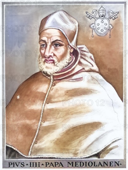 Pius IV (born 31 March 1499 in Milan, died 9 December 1565 in Rome), real name Giovanni Angelo Medici, was Pope of the Catholic Church from 1559 to 1565, Historical, authentic, digitally restored reproduction from a 19th century original, Record date not stated, subsequently coloured