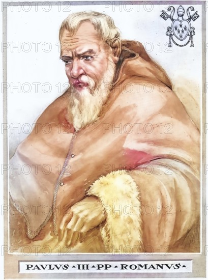 Paul III, born Alessandro Farnese (born 29 February 1468 in Canino, died 10 November 1549 in Rome), was an Italian Curia official. He was Pope of the Roman Catholic Church from 13 October 1534 until his death, Historical, authentic, digitally restored reproduction from a 19th century original, Record date not stated, subsequently coloured