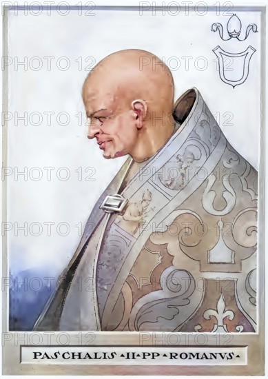 Paschalis II, originally Raniero di Bieda (born 1050 or 1055 in Bleda di Santa Sofia, Forlì, died 21 January 1118 in Rome), was Pope of the Catholic Church between 1099 and 1118, Historical, authentic, digitally restored reproduction from a 19th century original, Record date not stated, subsequently coloured
