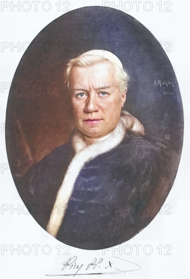 Pius X (born 2 June 1835 in Riese, Lombardo-Venetia, as Giuseppe Melchiorre Sarto, died 20 August 1914 in Rome) was the 257th Pope of the Roman Catholic Church from 1903 to 1914, Historical, authentic, digitally restored reproduction from a 19th century original, Record date not stated, subsequently coloured