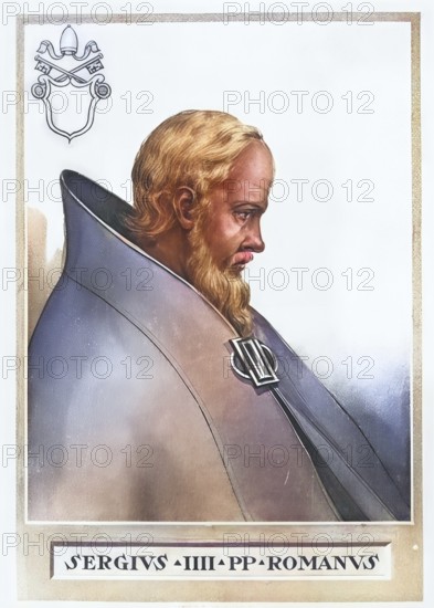 Sergius IV (born around 970 in Rome, died 12 May 1012) was pope from 31 July 1009 until his death, Historical, authentic, digitally restored reproduction from a 19th century original, Record date not stated, subsequently coloured