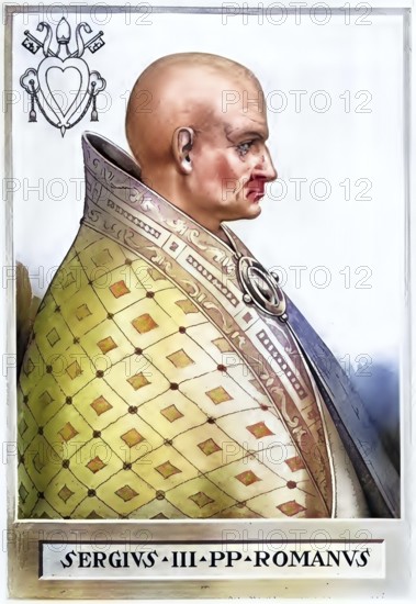 Sergius III (died 14 April 911 in Rome) was antipope in 898 and pope from 29 January 904 to 14 April 911, Historical, authentic, digitally restored reproduction from a 19th century original, Record date not stated, subsequently coloured