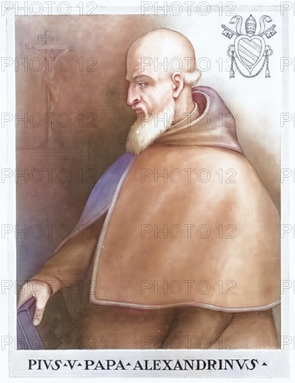 Pius V, legal name Antonio Ghislieri OP (born 17 January 1504 as Antonio Ghisleri in Bosco Marengo near Alessandria, died 1 May 1572 in Rome), was Pope of the Catholic Church from his election on 7 January 1566 until his death. He was canonised in 1712, Historical, authentic, digitally restored reproduction from a 19th century original, Record date not stated, subsequently coloured
