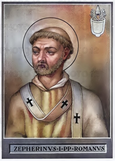 Zephyrinus (died 20 December 217 in Rome) became Bishop of Rome shortly in front of the turn of the 3rd century and held office until his death, Historical, authentic, digitally restored reproduction from a 19th century original, Record date not stated, subsequently coloured