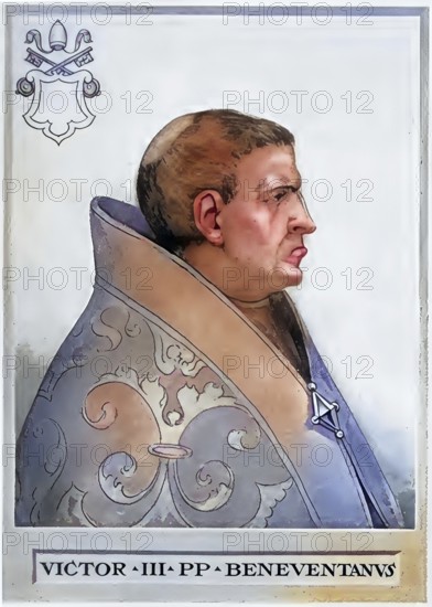 Victor III (born around 1027 in Benevento, died 16 September 1087 in Montecassino) held office as pope of the Gregorian party after his election in May 1086 until his death, Historical, authentic, digitally restored reproduction from a 19th century original, Record date not stated, subsequently coloured
