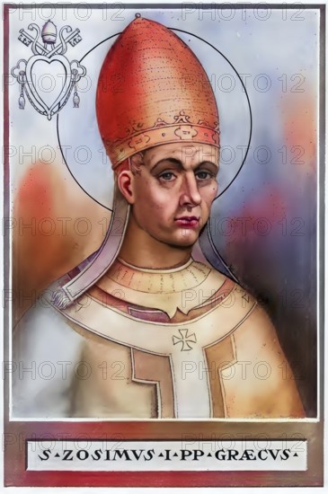 Zosimus (born in the 4th century, died 26 December 418) was pope from 417 until his death, Historical, authentic, digitally restored reproduction from a 19th century original, Record date not stated, subsequently coloured