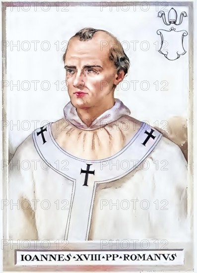 John XVI (born in Rossano, died 26 August 1001 in Rome), with the secular name John Philagathos (Middle Greek ??????? F????a???), was antipope to Pope Gregory V from 997-998, historical, authentic, digitally restored reproduction from a 19th century original, record date not stated, subsequently coloured