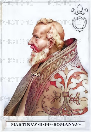 Marinus I (sometimes erroneously also called Martin II, born in Gallese, died 15 May 884 in Rome) was pope from 882 until his death, Historical, authentic, digitally restored reproduction from a 19th century original, Record date not stated, subsequently coloured