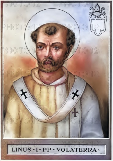 Linus (born in Etruria, died in 79, probably in Rome) was probably bishop of Rome from 67 to 79. In early Christian lists, Linus is named as the first bishop of Rome, but it was not until the late 2nd or early 3rd century that the view prevailed that Peter was the first bishop and Linus the second. Linus is venerated as a martyr and saint in the Roman Catholic Church, Historical, authentic, digitally restored reproduction from a 19th century original, Record date not stated, subsequently coloured