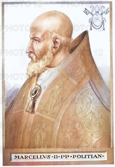 Marcellus II (born 6 May 1501 in Montefano (Marche), died 1 May 1555 in Rome), birth name Marcello Cervini degli Spannocchi, was Pope of the Catholic Church from 9 April to 1 May 1555, Historical, authentic, digitally restored reproduction from a 19th century original, Record date not stated, subsequently coloured