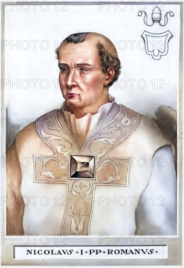 Nicholas I, sometimes also called Nicholas the Great (born 820 in Rome, died 13 November 867 in Rome), was pope from 24 April 858 until his death in 867, historical, authentic, digitally restored reproduction from a 19th century original, record date not stated, subsequently coloured