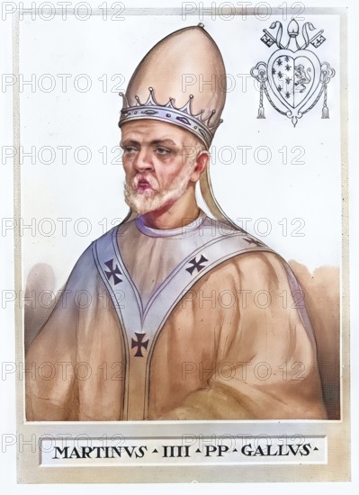 Martin IV (born around 1210 in Mainpincien France, died 28 March 1285 in Perugia) was pope from 1281 until his death, Historical, authentic, digitally restored reproduction from a 19th century original, Record date not stated, subsequently coloured