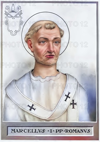 Marcellus I (b. 255, d. 16 January 309) (1) was probably for six months, from 308 to 309, the 30th Pope of the Catholic Church (2) and Bishop of Rome, Historical, authentic, digitally restored reproduction from a 19th century original, Record date not stated, subsequently coloured