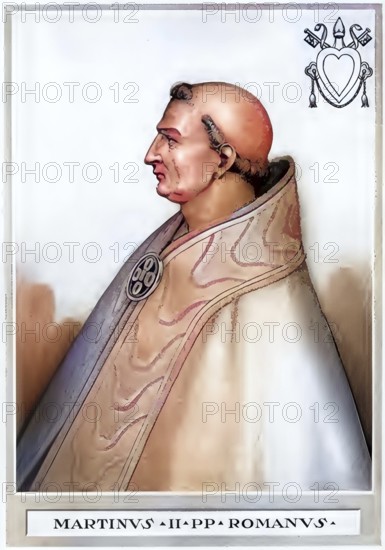 Marinus II (often erroneously called Martin III in the late Middle Ages, born in Rome, d. May 946) was Pope from 30 October 942 to May 946, Historical, authentic, digitally restored reproduction from a 19th century original, Record date not stated, subsequently coloured