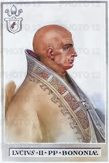 Lucius II, originally Gerardus Caccianemici de l'Orso (died 15 February 1145), was Pope from 9 March (enthronement on 12 March) 1144, Historical, authentic, digitally restored reproduction from a 19th century original, record date not stated, subsequently coloured