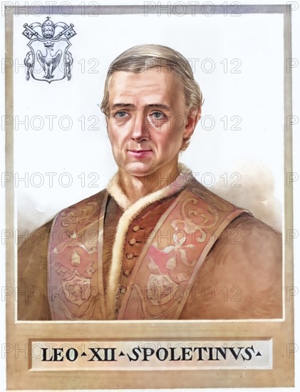 Leo XII (born Annibale Francesco Clemente Melchiorre Girolamo Nicola della Genga), (born 22 August 1760 at the castle of Genga near Fabriano in the Marche, Papal States, died 10 February 1829 in Rome) was the 252nd Pope of the Roman Catholic Church from 1823 to 1829, Historical, authentic, digitally restored reproduction from a 19th century original, Record date not stated, subsequently coloured