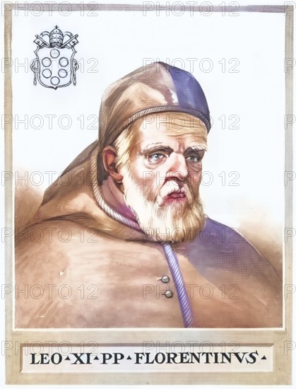 Leo XI (born 2 June 1535 in Florence, died 27 April 1605 in Rome), born Alessandro Ottaviano de' Medici, was Pope of the Catholic Church from 1 April to 27 April 1605, Historical, authentic, digitally restored reproduction from a 19th century original, Record date not stated, subsequently coloured