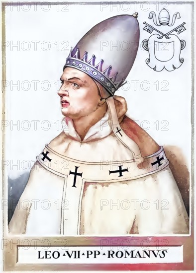 Leo VII (born in Rome, died there on 13 July 939) was Pope from 3 January 936 until his death, Historical, authentic, digitally restored reproduction from a 19th century original, Record date not stated, subsequently coloured