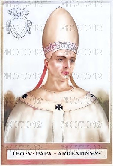 Leo V was pope from August to September 903 for about 30 days (according to other sources from July to September), Historical, authentic, digitally restored reproduction from a 19th century original, Record date not stated, subsequently coloured