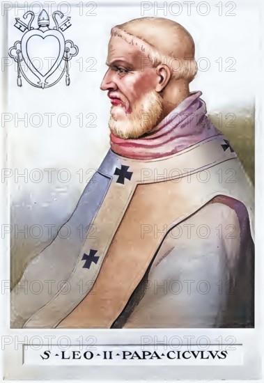 Leo II (born in Sicily, died 3 July 683) was pope from 17 August 682 until his death, Historical, authentic, digitally restored reproduction from a 19th century original, Record date not stated, subsequently coloured