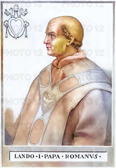 Lando (lat. Landus, born in the 9th century east of Rome, died 914) was pope from 913 to 914, Historical, authentic, digitally restored reproduction from a 19th century original, Record date not stated, subsequently coloured