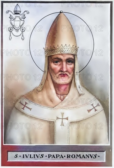 Julius I (Latin: from the Julian family, born in Rome, died 12 April 352) was elected Bishop of Rome (Pope) on 6 February 337 after a four-month vacancy of the see and held this office until his death on 12 April 352, Historical, authentic, digitally restored reproduction from a 19th century original, record date not stated, subsequently coloured