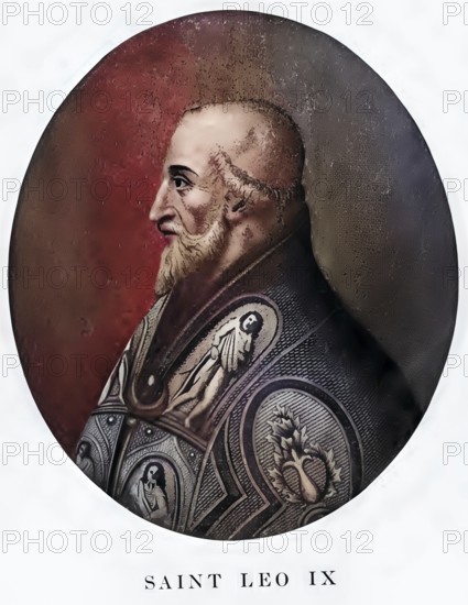 Leo IX, previously Bruno of Toul, originally Bruno of Egisheim-Dagsburg (born 21 June 1002, died 19 April 1054 in Rome), reigned as Pope from 12 February 1048 to 19 April 1054, Historical, authentic, digitally restored reproduction from a 19th century original, Record date not stated, subsequently coloured