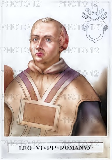 Leo VI (born in Rome, died in 928 or 929) was pope for seven months and a few days in 928. The exact dates of his election and death are unknown. As his term of office fell in the second half of the year, he may have died at the end of 928 or the beginning of 929, Historical, authentic, digitally restored reproduction from a 19th century original, Record date not stated, subsequently coloured