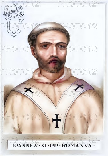 John XI (died 935 in Rome) was Roman Pope from 931 to 935, he reigned at the time of the so-called Pornocracy, Historical, authentic, digitally restored reproduction from a 19th century original, Record date not stated, subsequently coloured