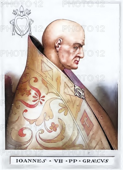 John VII (born in the 7th century in Rossano, Calabria, died 18 October 707 in Rome) was pope from 1 March 705 until his death, Historical, authentic, digitally restored reproduction from a 19th century original, Record date not stated, subsequently coloured