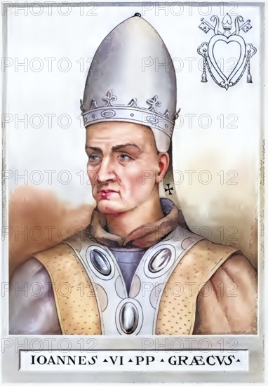John VI (died 11 January 705 in Rome) was Greek and Pope from 701 to 705, Historical, authentic, digitally restored reproduction from a 19th century original, Record date not stated, subsequently coloured