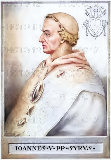 John V (born in Syria, died 2 August 686 in Rome) was Pope from 23 July 685 until his death, Historical, authentic, digitally restored reproduction from a 19th century original, Record date not stated, subsequently coloured