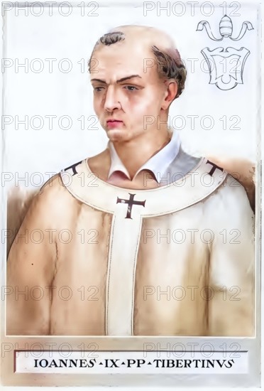 John IX (born in Tivoli, died 900) was Pope from 898 to 900, Historical, authentic, digitally restored reproduction from a 19th century original, Record date not stated, subsequently coloured