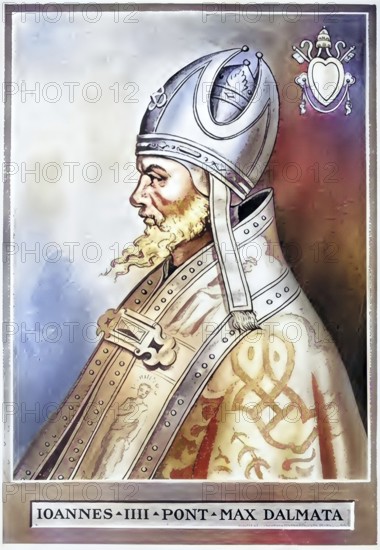 John IV (born 6th or 7th century, died 12th October 642 in Rome) was pope from 640 until his death, Historical, authentic, digitally restored reproduction from a 19th century original, Record date not stated, subsequently coloured