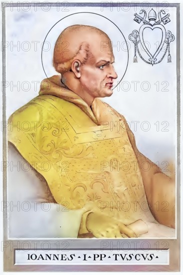 John I (died 18 May 526 in Ravenna) was Pope from 13 August 523 until his death as Bishop of Rome, Historical, authentic, digitally restored reproduction from a 19th century original, Record date not stated, subsequently coloured